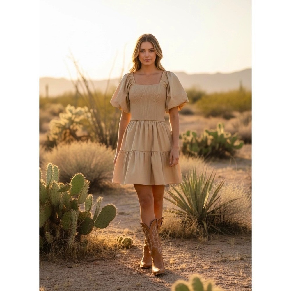 NWT! ENDLESS ROSE Mix Media Mini Dress Latte Brown Puff Sleeves Corset Bodice XS